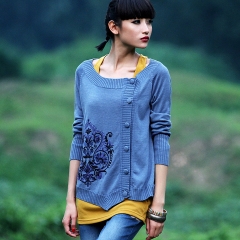 正品 2015春装新款 女 绣花针织衫 开衫外套浮桑初 蓝色